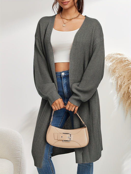 Sixsr Solid Long Length Knit Cardigan, Casual Open Front Long Sleeve Sweater, Women's Clothing