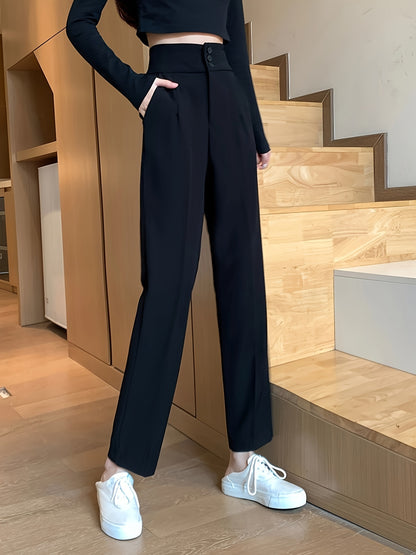 Sixsr Solid Button Front Straight Leg Pants, Versatile High Waist Pants For Spring & Fall, Women's Clothing