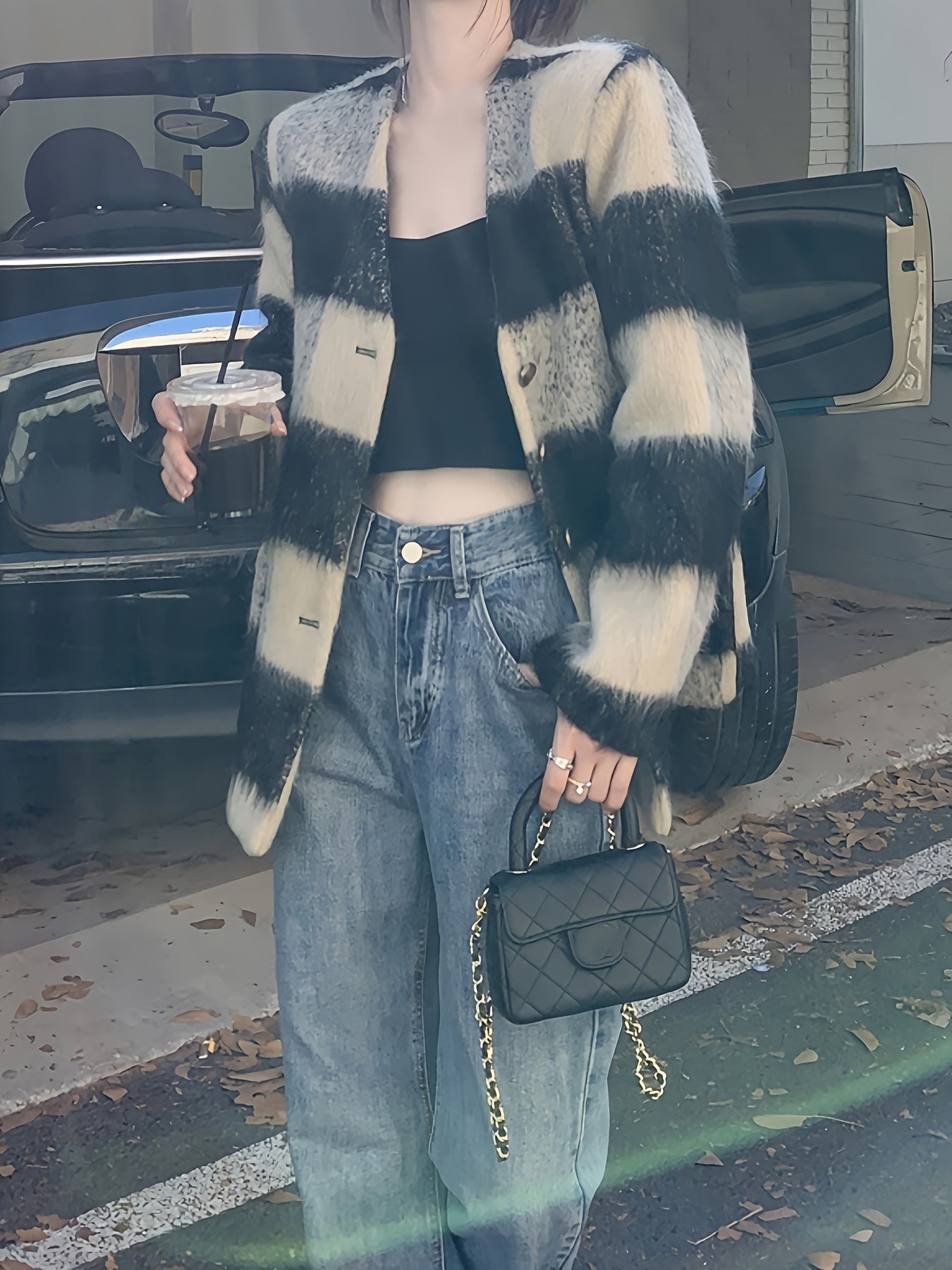 Sixsr Plaid Print Button Front Coat, Chic Long Sleeve Dual Pockets Cardigan For Fall & Winter, Women's Clothing