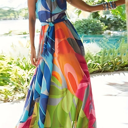 Colorful Allover Print Halter Dress, Vacation Sleeveless Tie Backless Dress, Women's Clothing