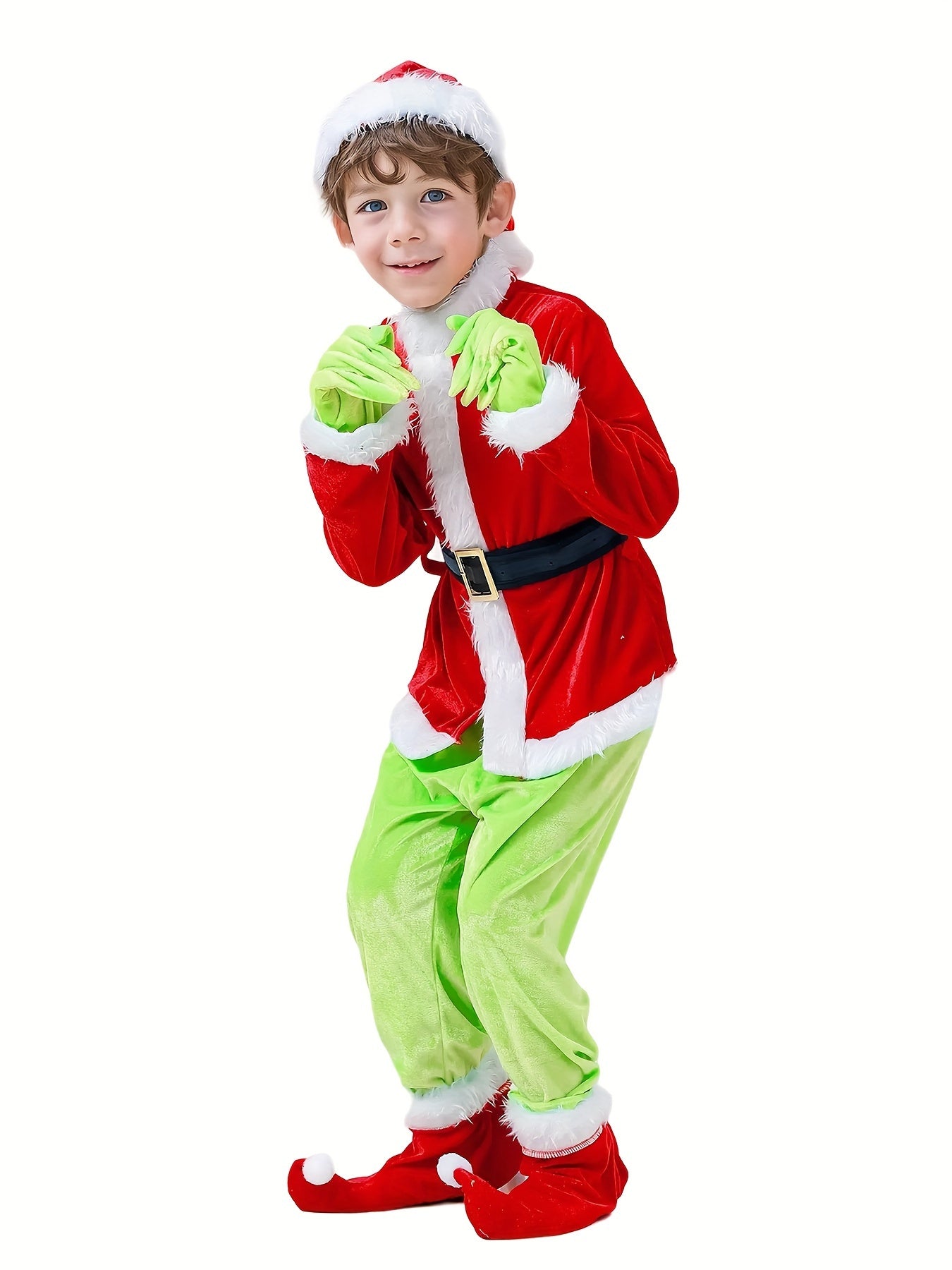 Kids Polyester Santa Elf Outfit with Green Monster Pants, Long Sleeve, Traditional Christmas Party Roleplay Apparel with Cardigan Collar - Knit Fabric & Slight Stretch for All Seasons