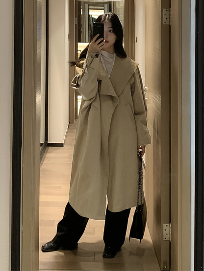 Sixsr Solid Open Front Trench Coat, Casual Long Sleeve Long Length Outwear, Women's Clothing