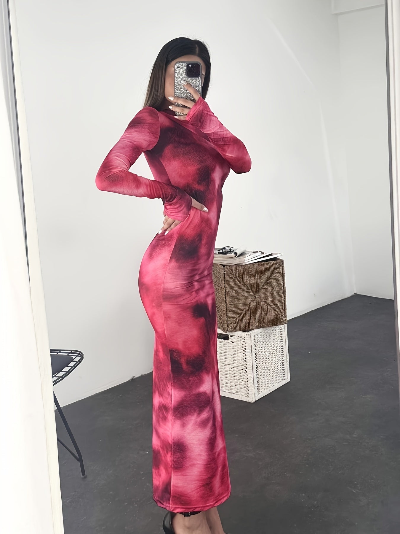 Sixsr Tie Dye Long Sleeve Bodycon Dress, Y2K Crew Neck Maxi Dress, Women's Clothing