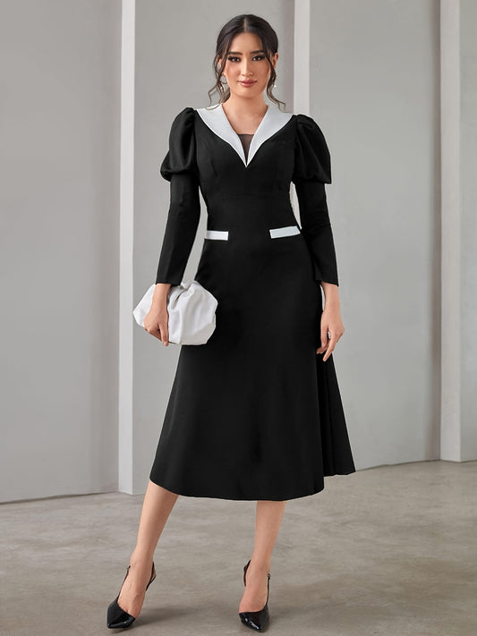 Sixsr Color Block Puff Long Sleeve Dress, Elegant V Neck Midi Dress, Women's Clothing