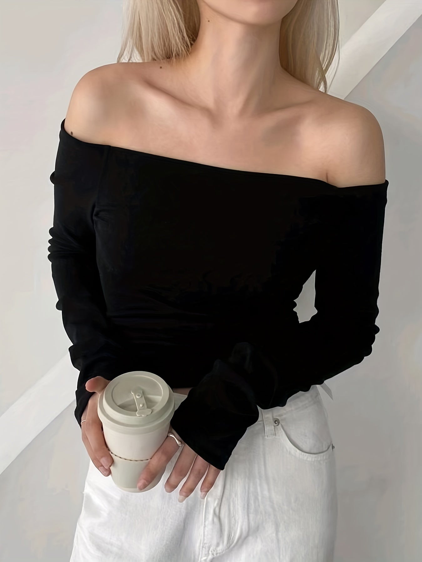 Sixsr Solid Off Shoulder T-Shirt, Casual Slim Long Sleeve Top For Spring & Fall, Women's Clothing