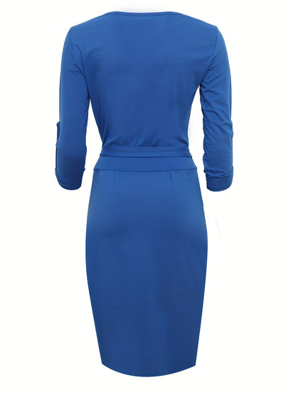 Sixsr Solid Simple Dress, Elegant Crew Neck Bodycon Knee Length Dress, Women's Clothing