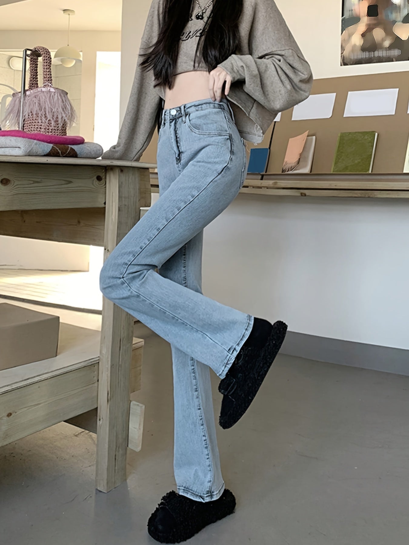 Sixsr High Waist Washed Flare Jeans, Slim Fitted Slant Pocket Stylist Denim Pants, Women's Denim Jeans & Clothing