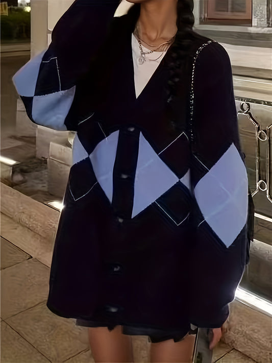 Sixsr Geo Pattern Button Down Knit Cardigan, Preppy Long Sleeve Oversized Versatile Sweater, Women's Clothing