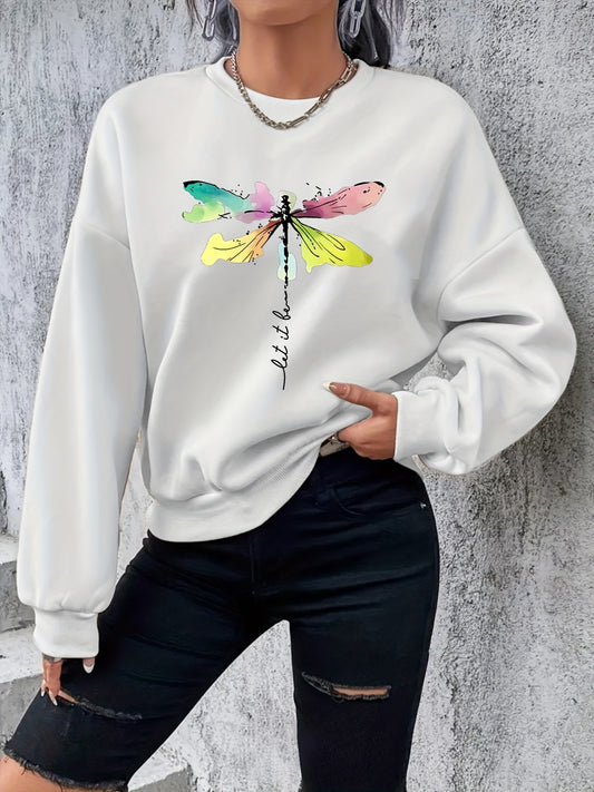 Sixsr Plus Size Casual Sweatshirt, Women's Plus Tie Dye Dragonfly & Letter Print Long Sleeve Round Neck Slight Stretch Sweatshirt