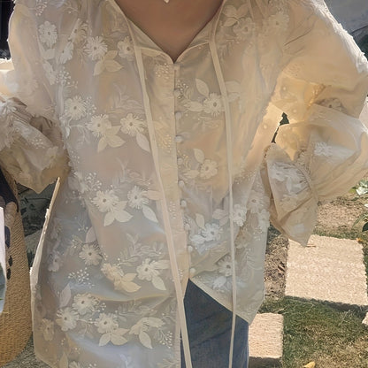 Sixsr Floral Embroidered Blouse, Elegant Drawstring Long Sleeve Blouse, Women's Clothing