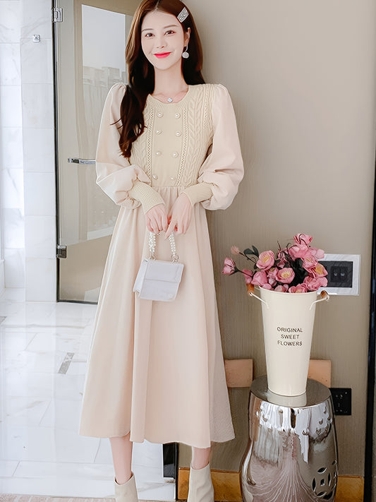 Sixsr Crew Neck Knitted Maxi Dress, Elegant Solid Color Button Long Sleeve Sweater A-line Dress For Fall & Winter, Women's Clothing