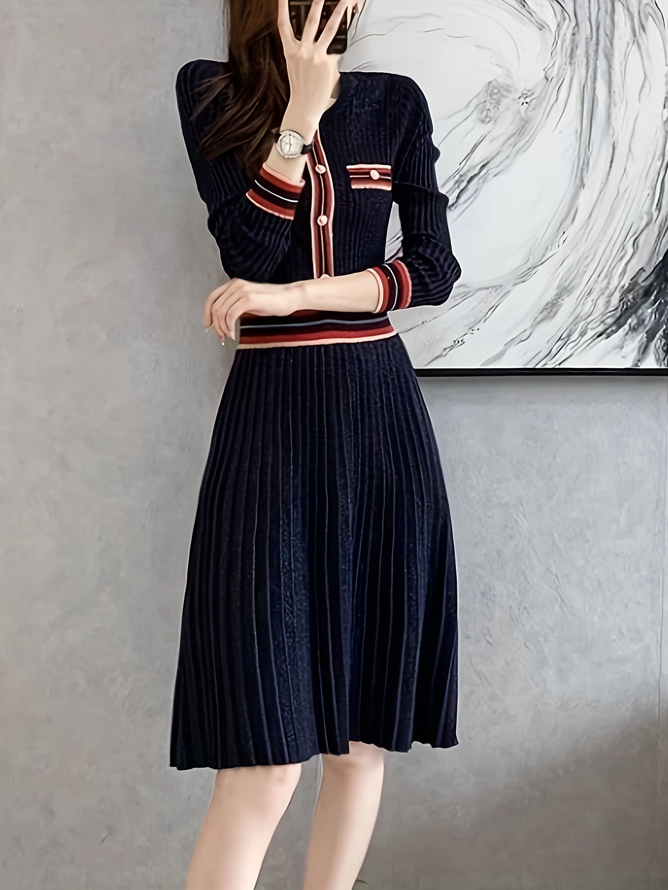 Sixsr Contrast Trim Pleated Dress, Elegant Long Sleeve A-line Dress, Women's Clothing