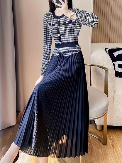 Sixsr Houndstooth Print Pleated Dress, Elegant Crew Neck Short Sleeve Dress, Women's Clothing