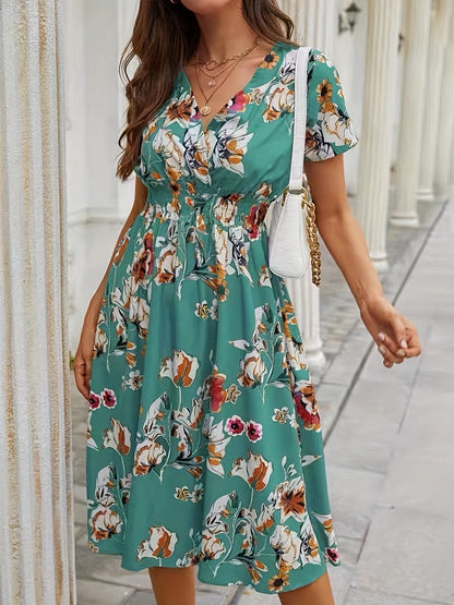 Sixsr Floral Print Shirred Waist Dress, Casual V Neck Short Sleeve Dress For Spring & Summer, Women's Clothing