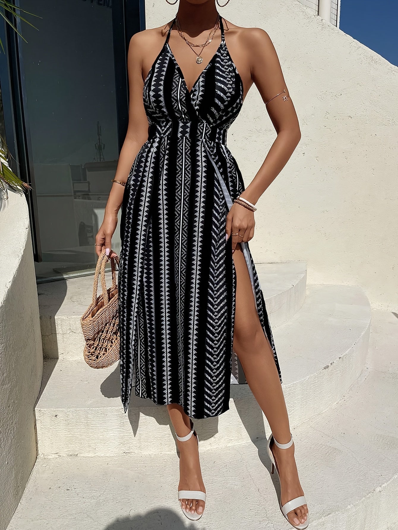 Stripe Print Halter Neck Dress, Casual Backless Split Hem Halter Dress For Spring & Summer, Women's Clothing