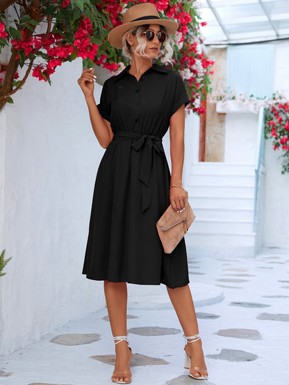 Solid Belted Shirt Dress, Short Sleeve Casual Dress For Summer & Spring, Women's Clothing