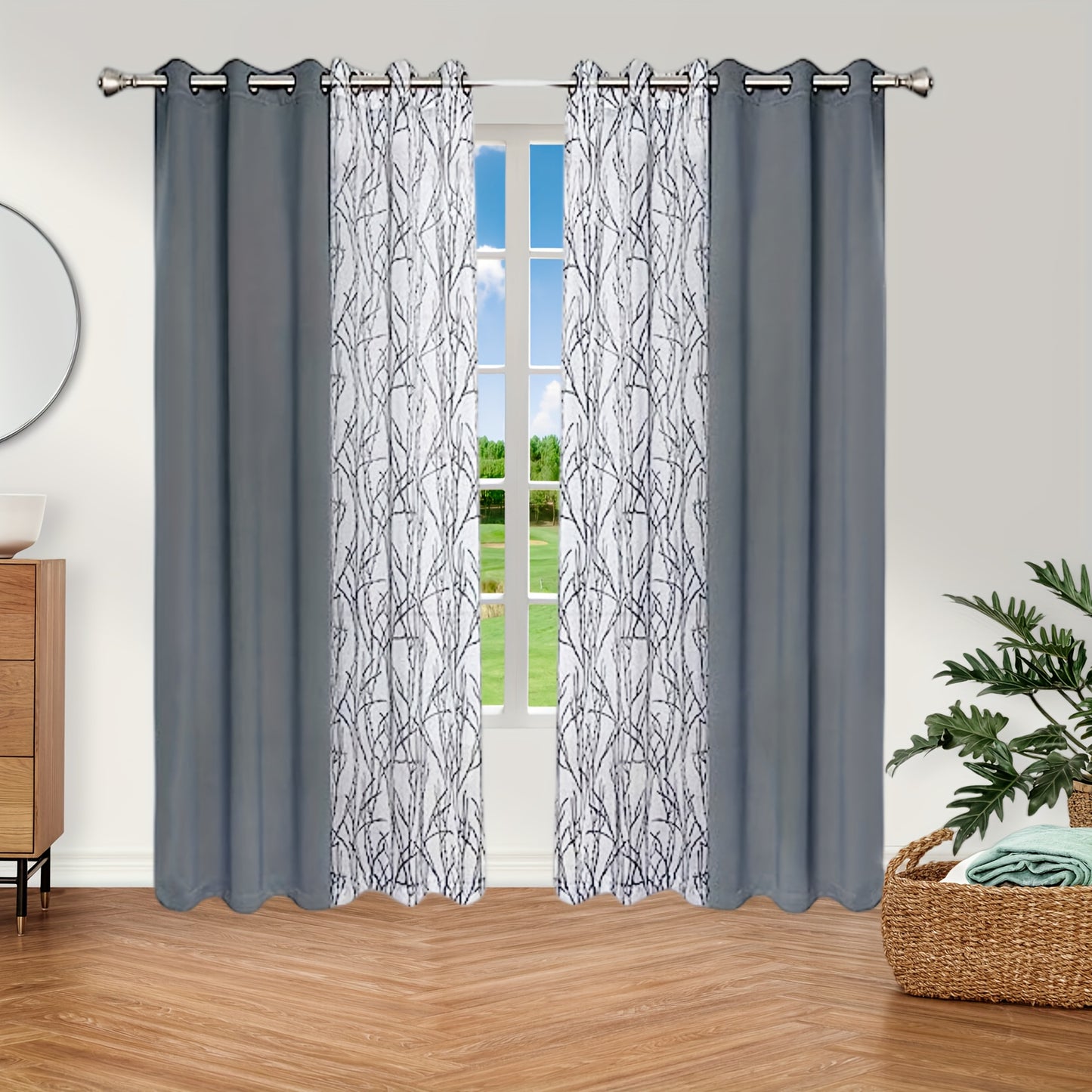 1 Panel Branch Printed Sheer Curtain + 1 Panel Blackout Curtain - Panels for Bedroom, Office, Living Room Home Decor with Grommet Top Window Drapes