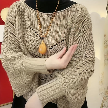 Sixsr Elegant Hollow Out Knitted Shawl Stylish Solid Color Pullover Coat Autumn Winter Warm Versatile Bat Sleeves Cloak