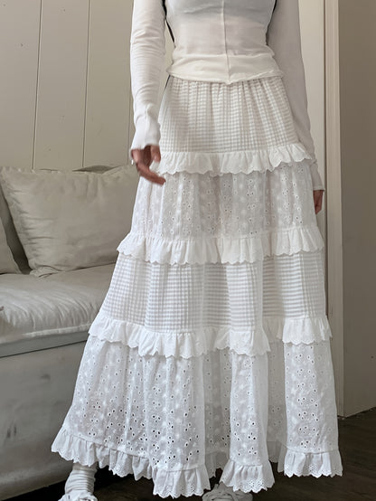 Sixsr Eyelet Embroidered Layer Ruffle Maxi Skirt, Boho Elastic Waist A Line Skirt, Women's Clothing