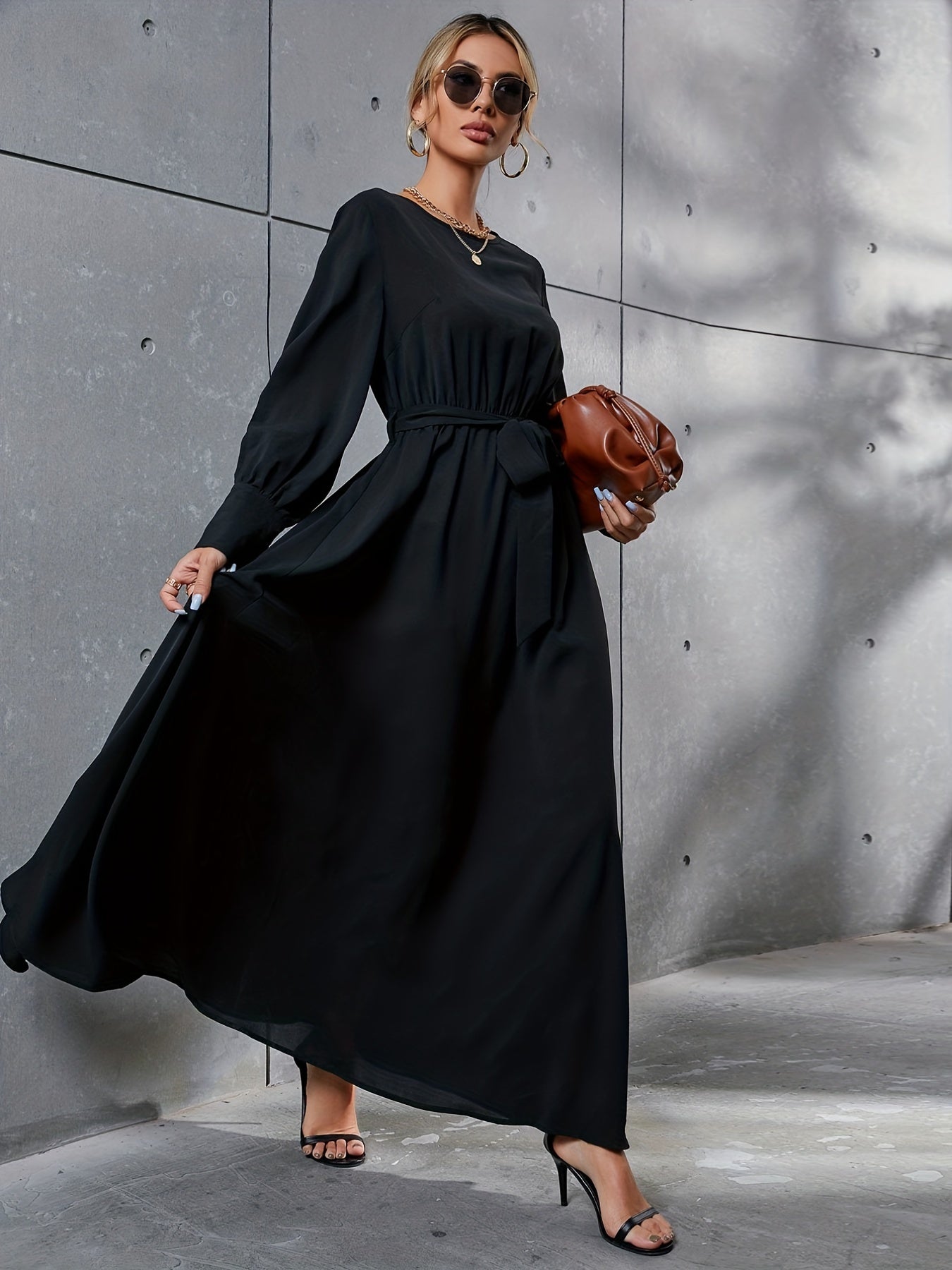 Sixsr Solid Simple Dress, Elegant Crew Neck Long Sleeve Maxi Dress, Women's Clothing