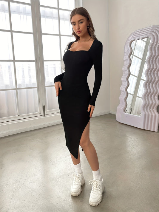 Sixsr Solid Side Split Dress, Casual Slim Long Sleeve Midi Dress, Women's Clothing