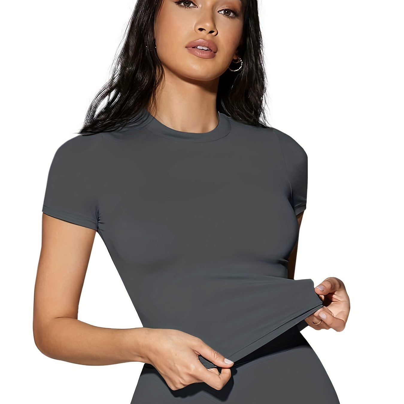 Solid High Stretch Short Sleeve T-shirt, Casual Crew Neck Basic Slim T-shirt, Women's Clothing