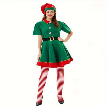 4PCS Women's Christmas Elf Costume Set - Polyester Elf Dress, Hat, Belt, Striped Stockings for Holiday Parties & Halloween - Universal Adult Novelty Outfit without Feathers, No Electricity Required