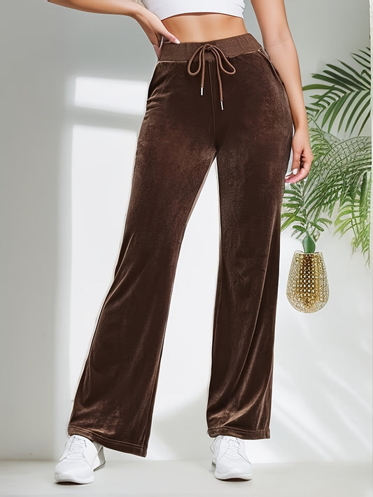 Sixsr Plus Size Casual Pants, Women's Plus Solid Velvet Drawstring Elastic High Rise Slight Stretch Wide Leg Trousers