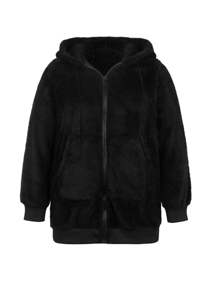 Sixsr Plus Size Casual Coat, Women's Plus Solid Teddy Fleece Long Sleeve Hoodie Drawstring Zipper Medium Stretch Coat With Kangaroo Pockets