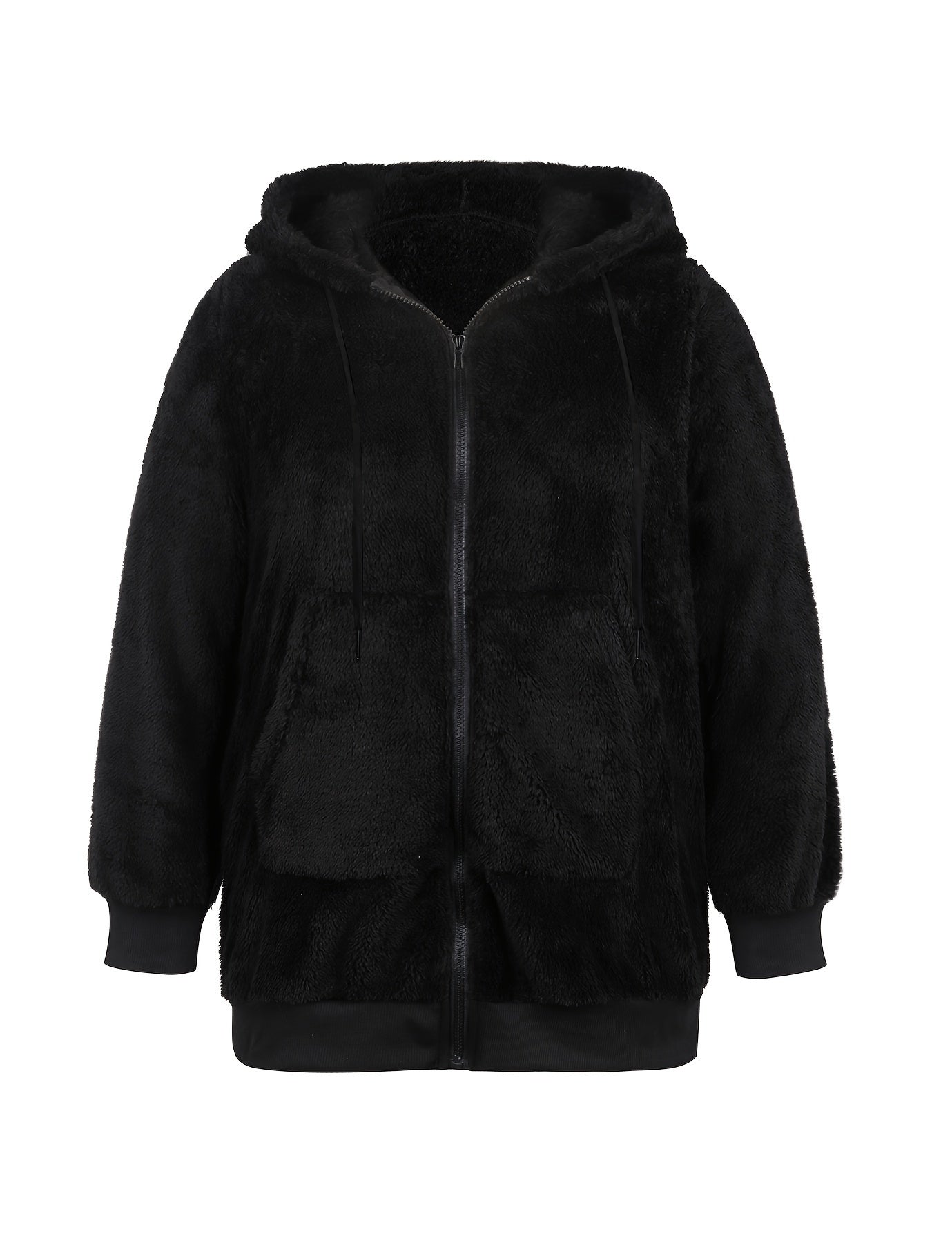 Sixsr Plus Size Casual Coat, Women's Plus Solid Teddy Fleece Long Sleeve Hoodie Drawstring Zipper Medium Stretch Coat With Kangaroo Pockets