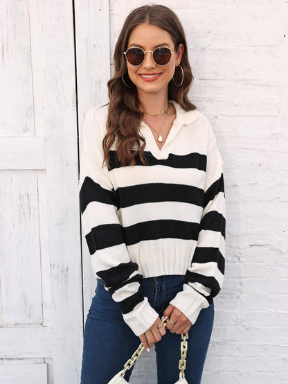 Striped V Neck Pullover Sweater, Casual Long Sleeve Drop Shoulder Sweater, Women's Clothing