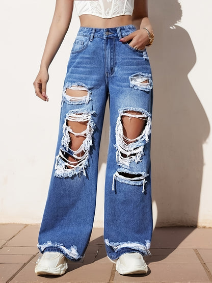 Sixsr  Ripped Straight Leg Loose Fit Jeans, High Rise Wide Legs Distressed Denim Pants, Women's Denim Jeans & Clothing