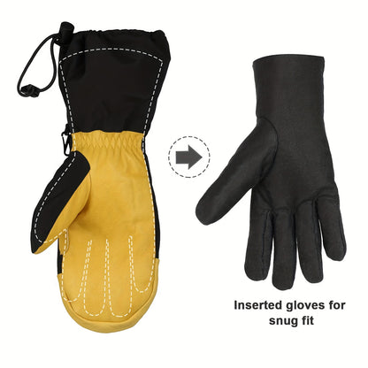 Men's Waterproof Ski Mittens with Drawstring Closure, Nylon Woven Fabric, Hand Washable - Thermal Insulated Gloves for Winter Sports