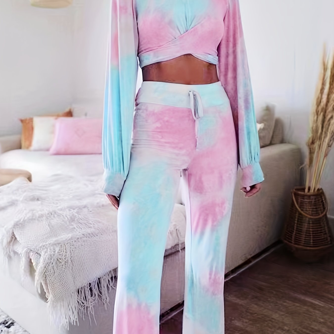 two-piece Tie Dye Casual Set - Long Sleeve Crop Top & Flare Leg Pants for Women's Comfortable & Stylish Outfits