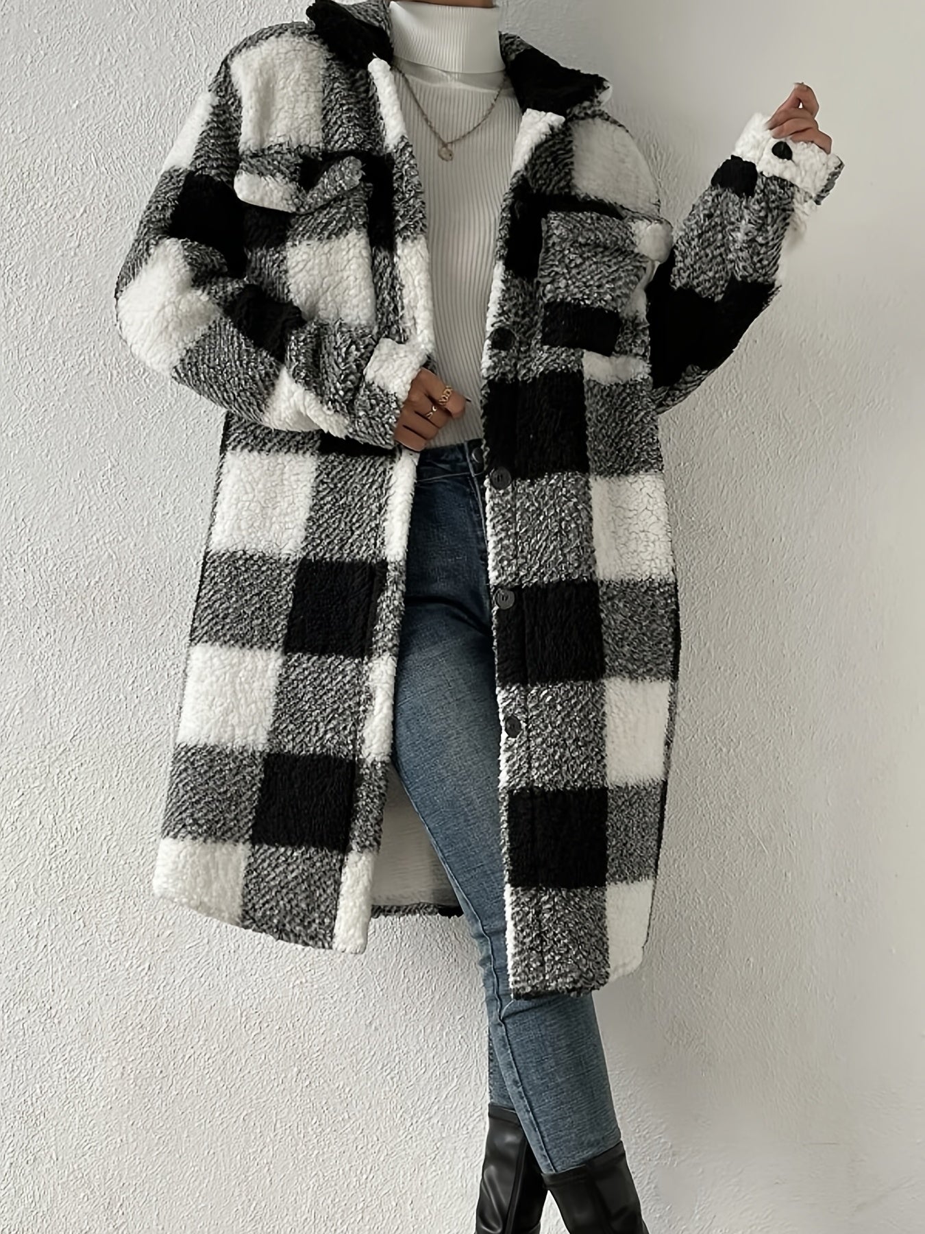 Sixsr Plaid Pattern Teddy Coat, Casual Button Front Long Sleeve Outerwear, Women's Clothing