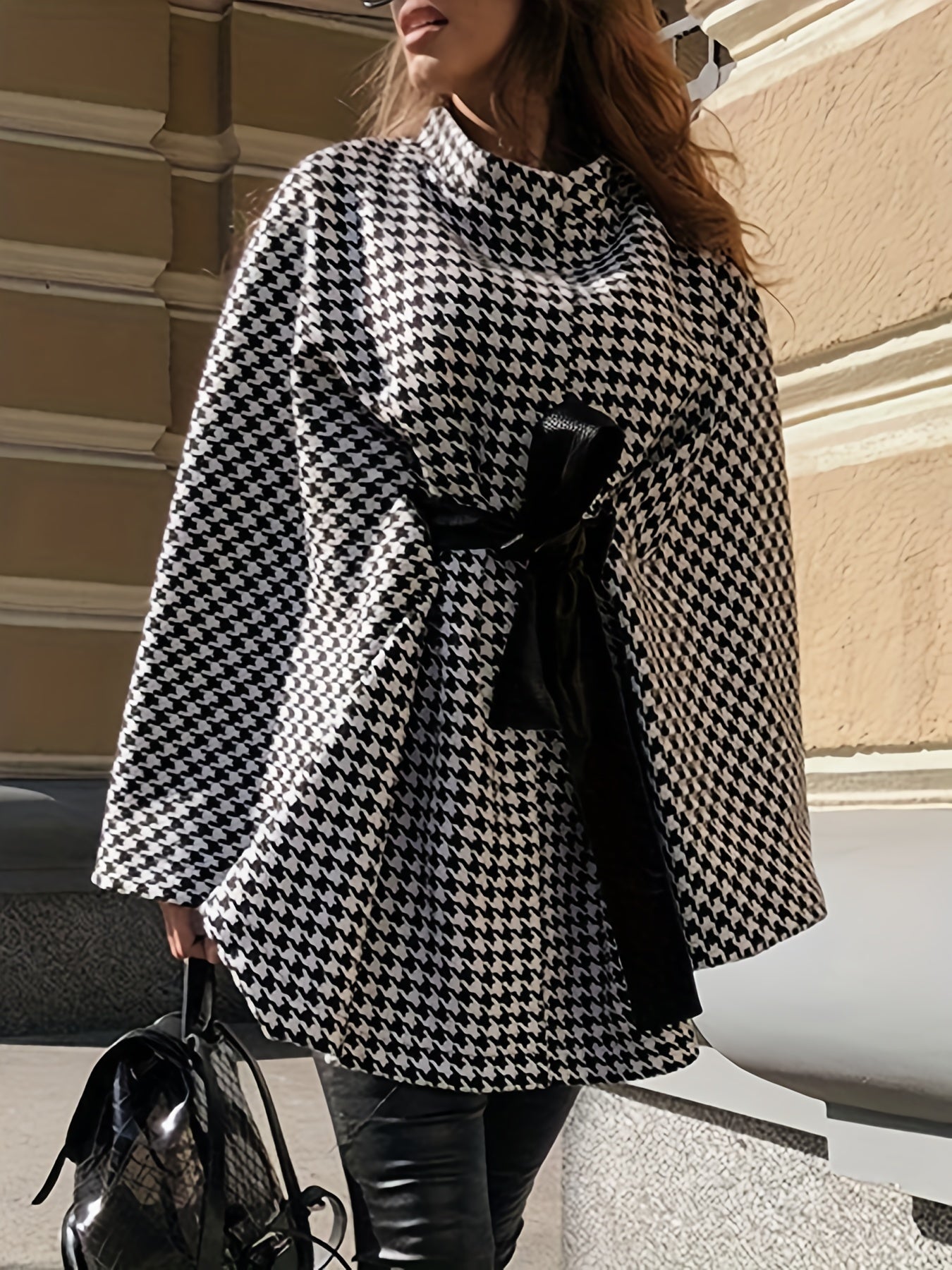 Sixsr Houndstooth Print Cape Top, Casual Tie Front Loose Outerwear, Women's Clothing