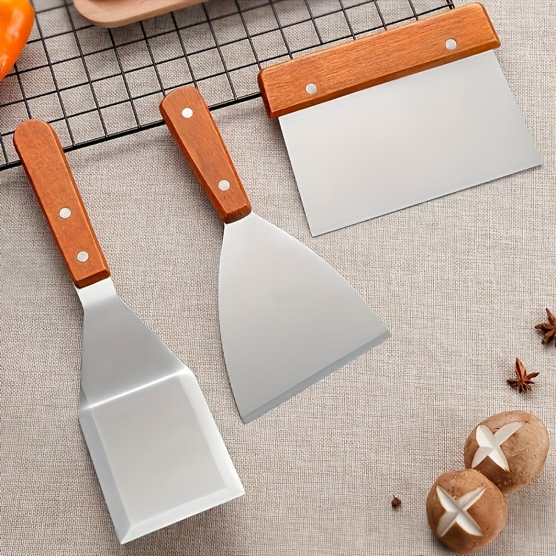 Stainless Steel Bakeware Set with Wooden Handle, Mirror Polished, Smooth Edge, Easy to Clean - Durable Kitchen Tools for Baking, Grilling, Stirring - Metal Utensil Set Ideal for Christmas, Halloween, Thanksgiving