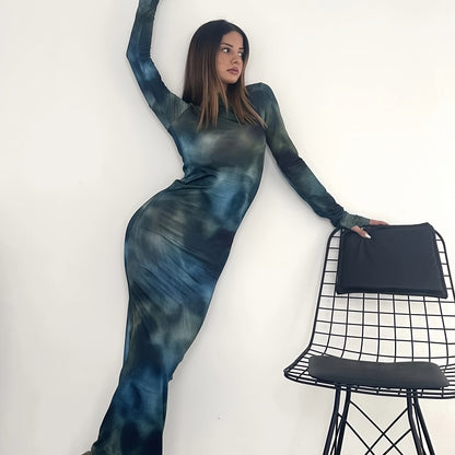 Sixsr Tie Dye Long Sleeve Bodycon Dress, Y2K Crew Neck Maxi Dress, Women's Clothing