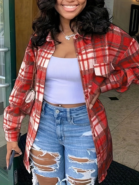 Sixsr Plus Size Plaid Print Turn Down Collar Coat, Women's Plus Casual Long Sleeve Button Up Overcoat