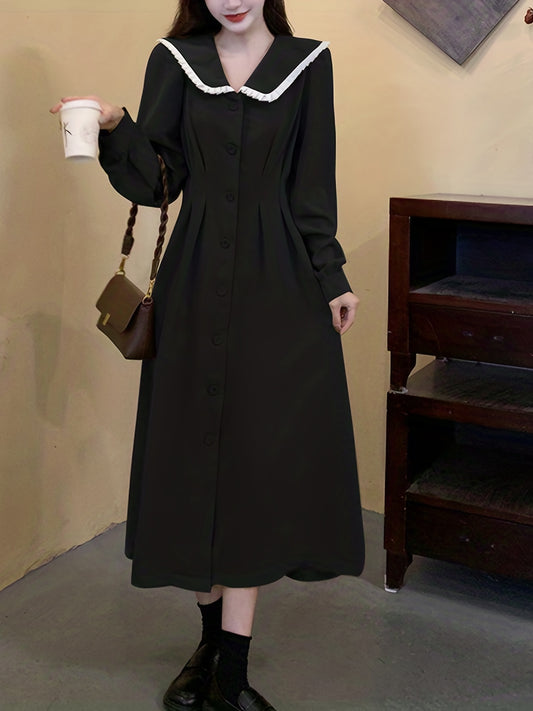 Sixsr Contrast Trim Button Front Shirt Dress, Elegant Long Sleeve Dress For Spring & Fall, Women's Clothing