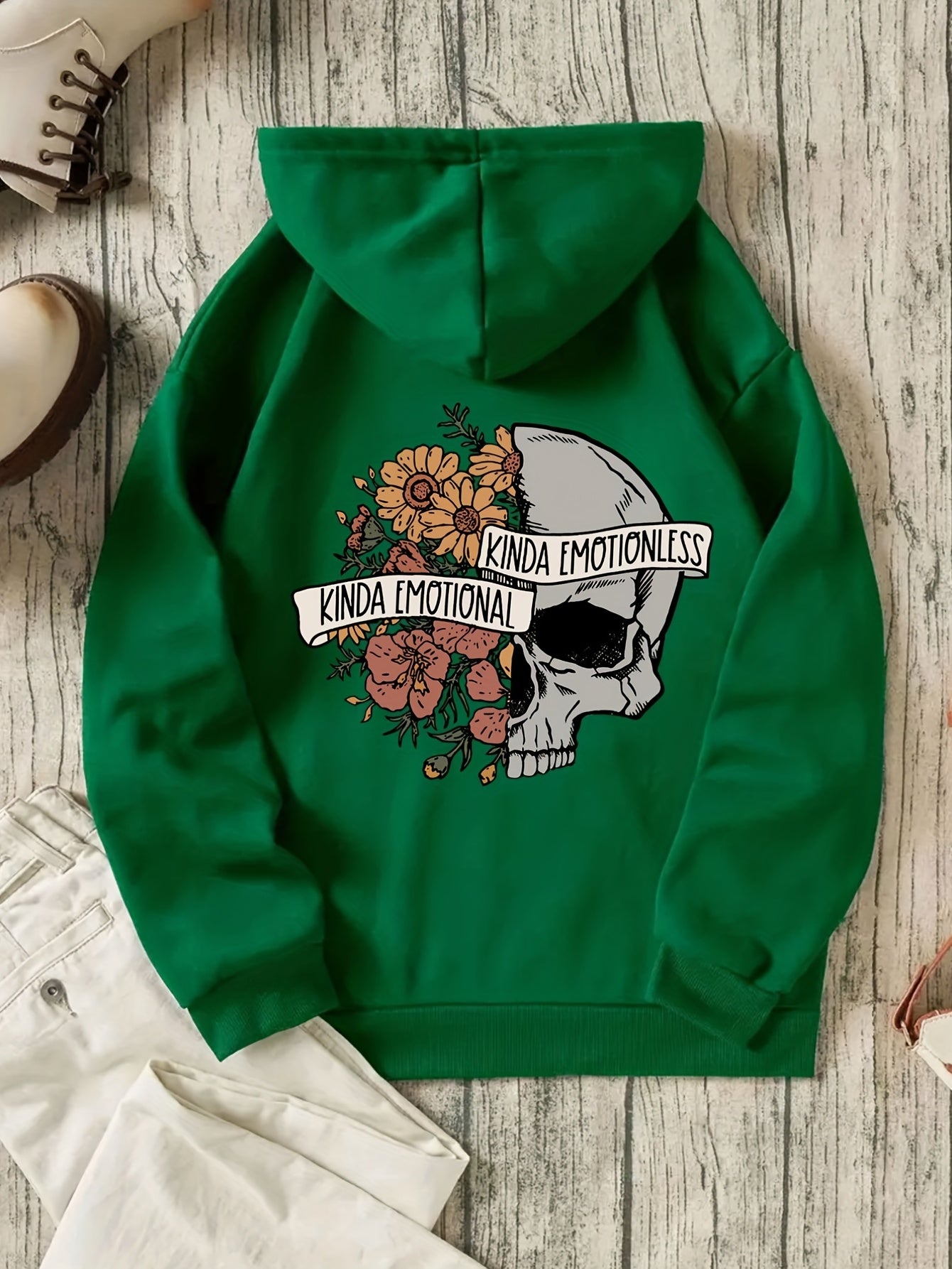 Sixsr Floral & Skull Print Hoodies, Drawstring Kangaroo Pocket Casual Sweatshirt For Winter & Fall, Women's Clothing