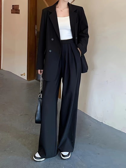 Sixsr Solid Elegant Two-piece Set, Double Breasted Lapel Blazer & Work Office Wide Leg Pants Outfits, Women's Clothing