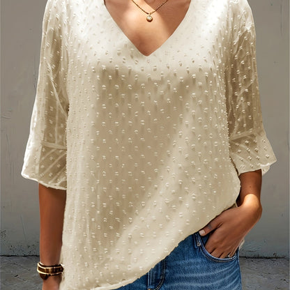 Sixsr V-neck Loose Chiffon Shirt, Casual 3/4 Long Sleeve Fashion Blouses Tops, Women's Clothing