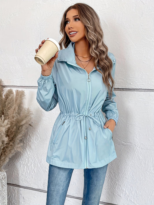 Sixsr Solid Hooded Rain Jacket, Casual Zip Up Long Sleeve Outerwear, Women's Clothing