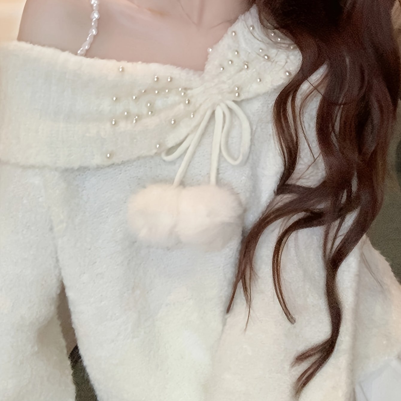 Sixsr Asymmetric Shoulder Chain Strap Sweater, Chic Long Sleeve Beaded Sweater For Fall & Winter, Women's Clothing