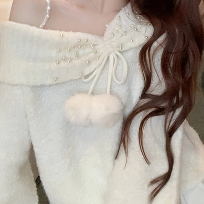Sixsr Asymmetric Shoulder Chain Strap Sweater, Chic Long Sleeve Beaded Sweater For Fall & Winter, Women's Clothing