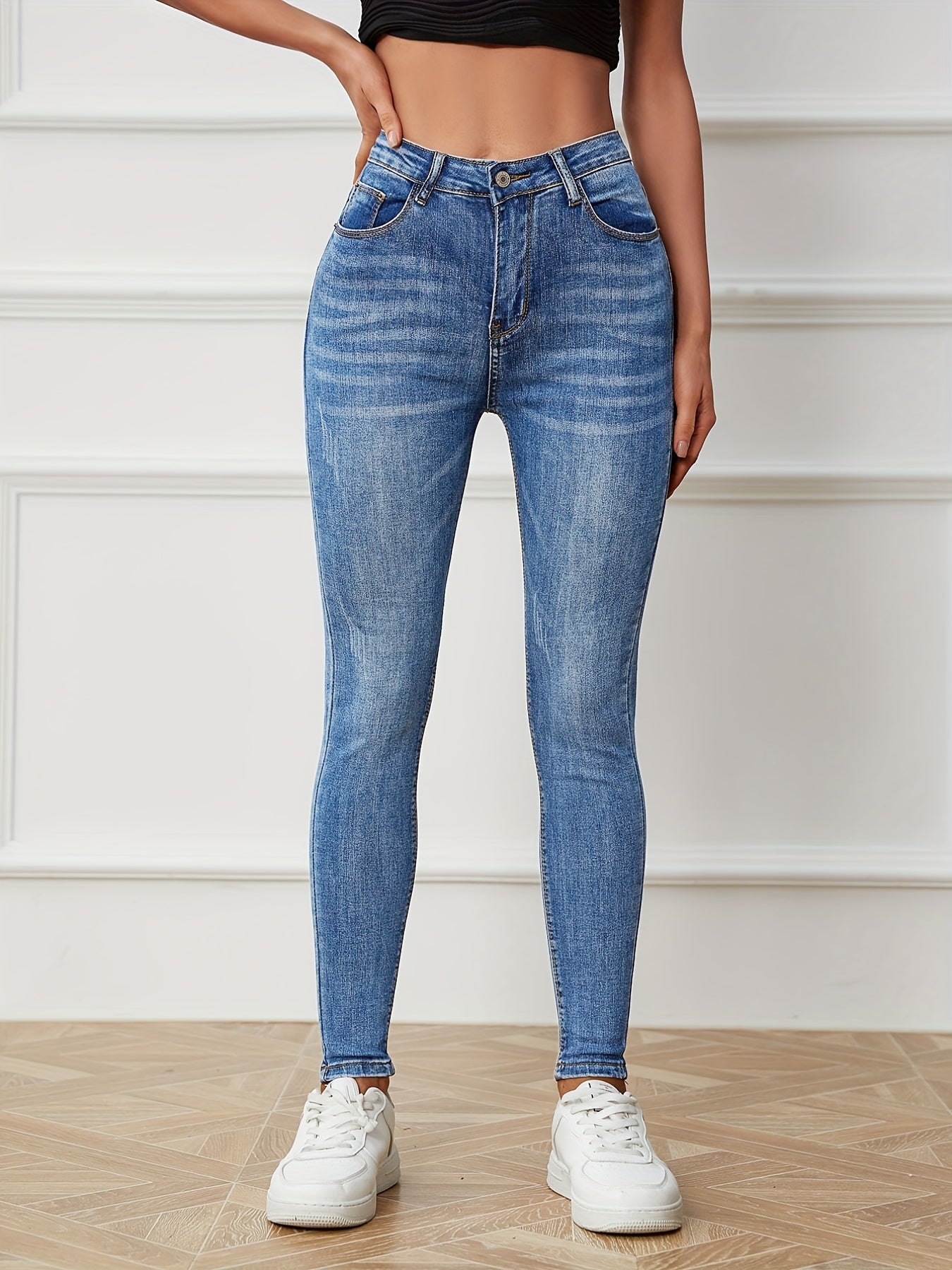 Sixsr High Rise Water Ripple Embossed Skinny Jeans, High Waist Zipper Button Closure Solid Color Skinny Pants, Women's Denim Jeans, Women's Clothing