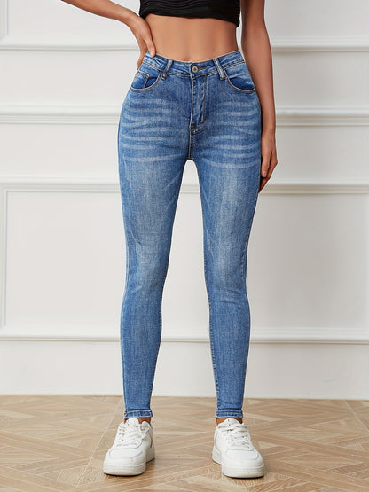 Sixsr High Rise Water Ripple Embossed Skinny Jeans, High Waist Zipper Button Closure Solid Color Skinny Pants, Women's Denim Jeans, Women's Clothing