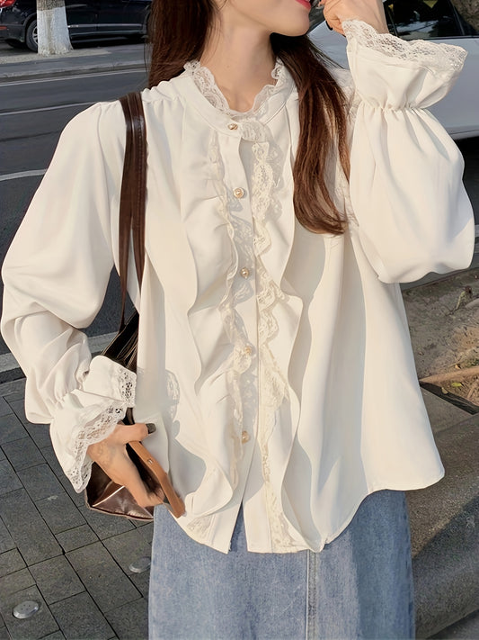 Sixsr Contrast Lace Ruffle Decor Blouse, Chic Button Front Long Sleeve Blouse, Women's Clothing
