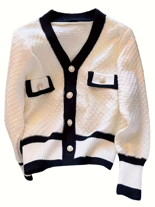 Sixsr Contrast Trim Single Breasted Cardigan, Elegant Long Sleeve Cardigan For Spring & Fall, Women's Clothing